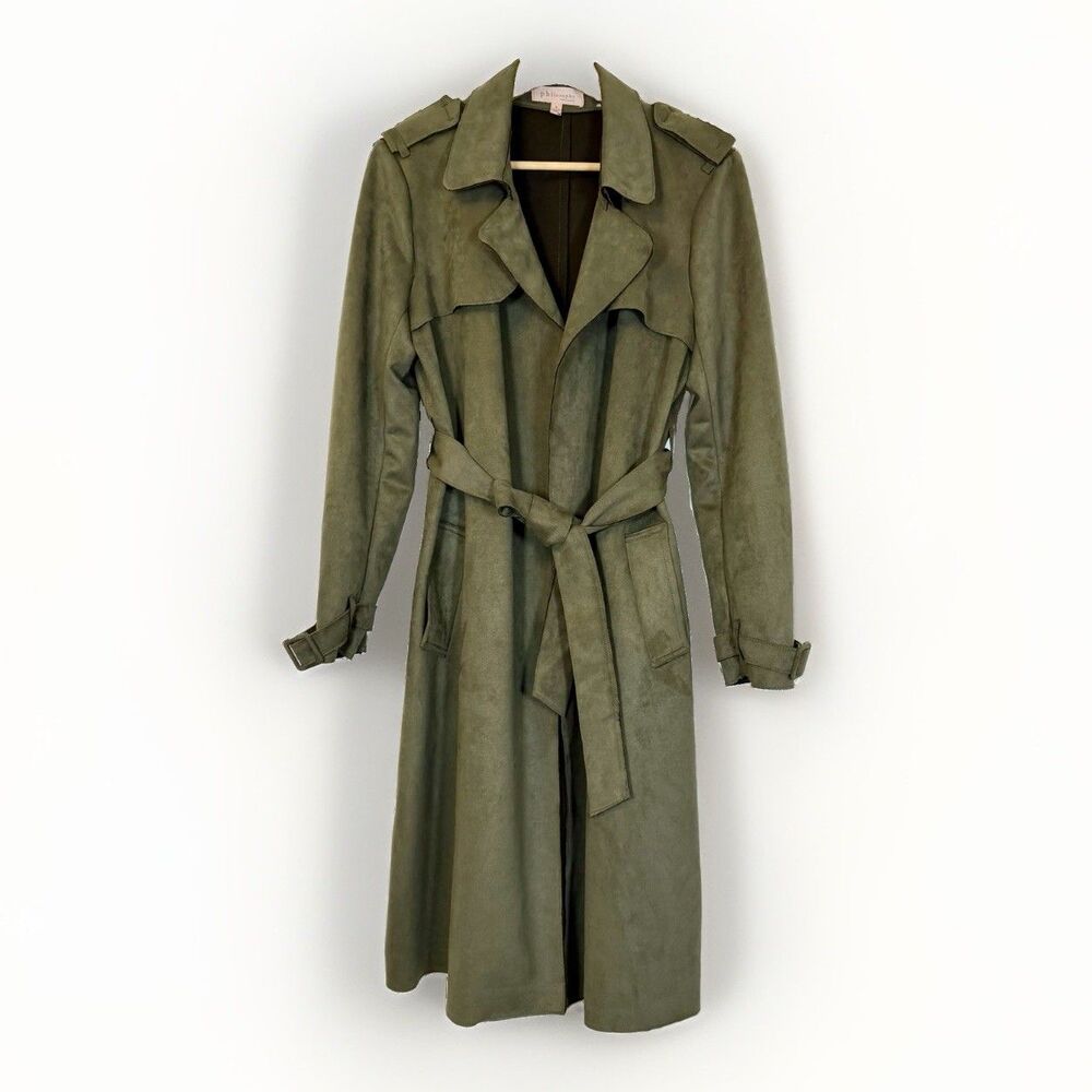Philosophy Republic Women's Sz L Army Green Long Trench Coat Belted Faux Suede